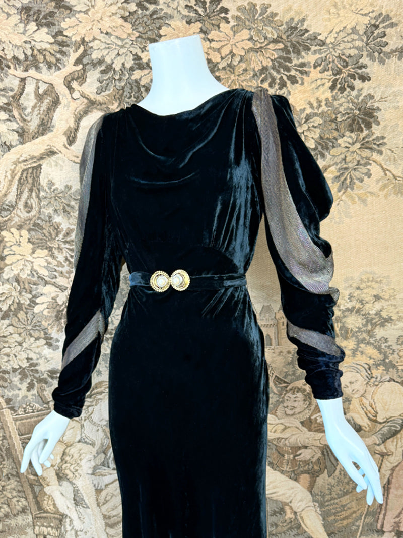 1930s Deco Gold & Black Velvet Maxi Dress