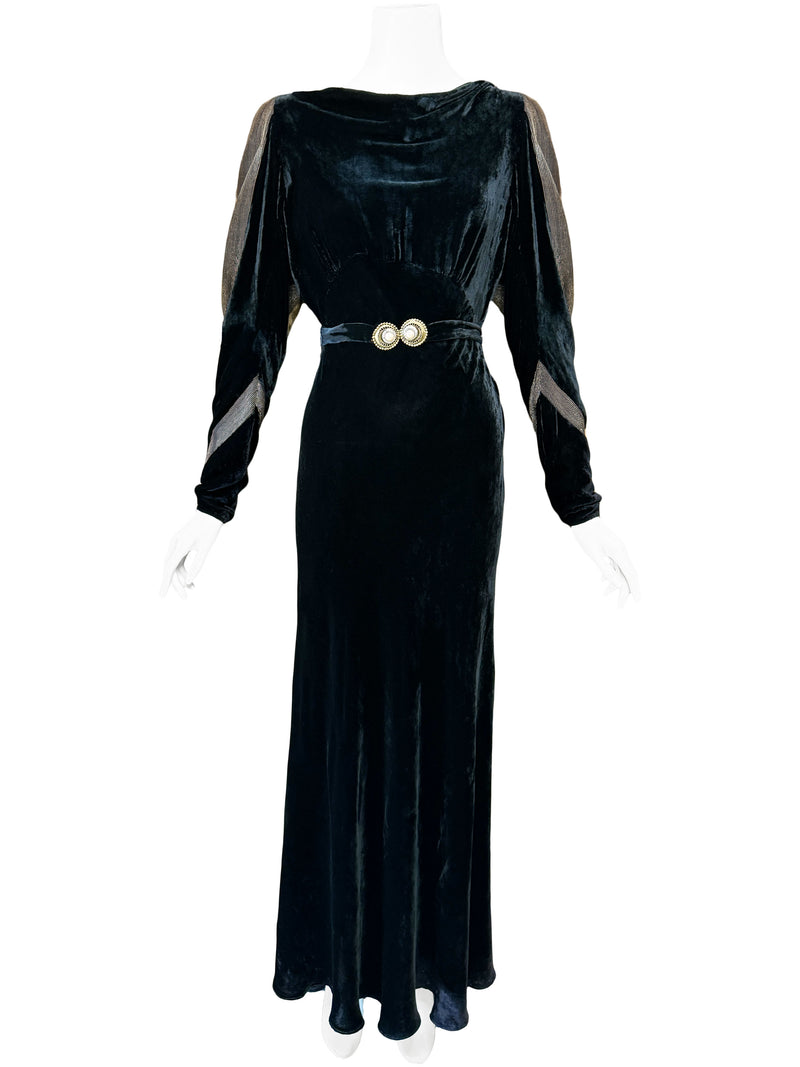 1930s Deco Gold & Black Velvet Maxi Dress