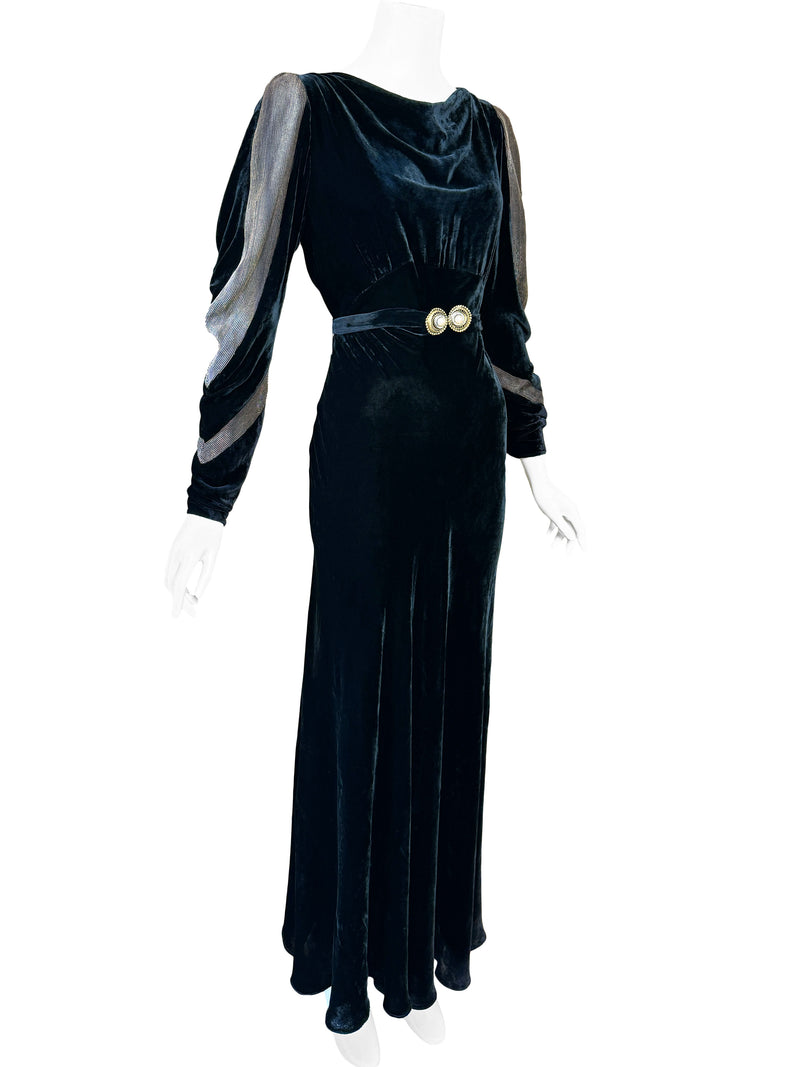 1930s Deco Gold & Black Velvet Maxi Dress