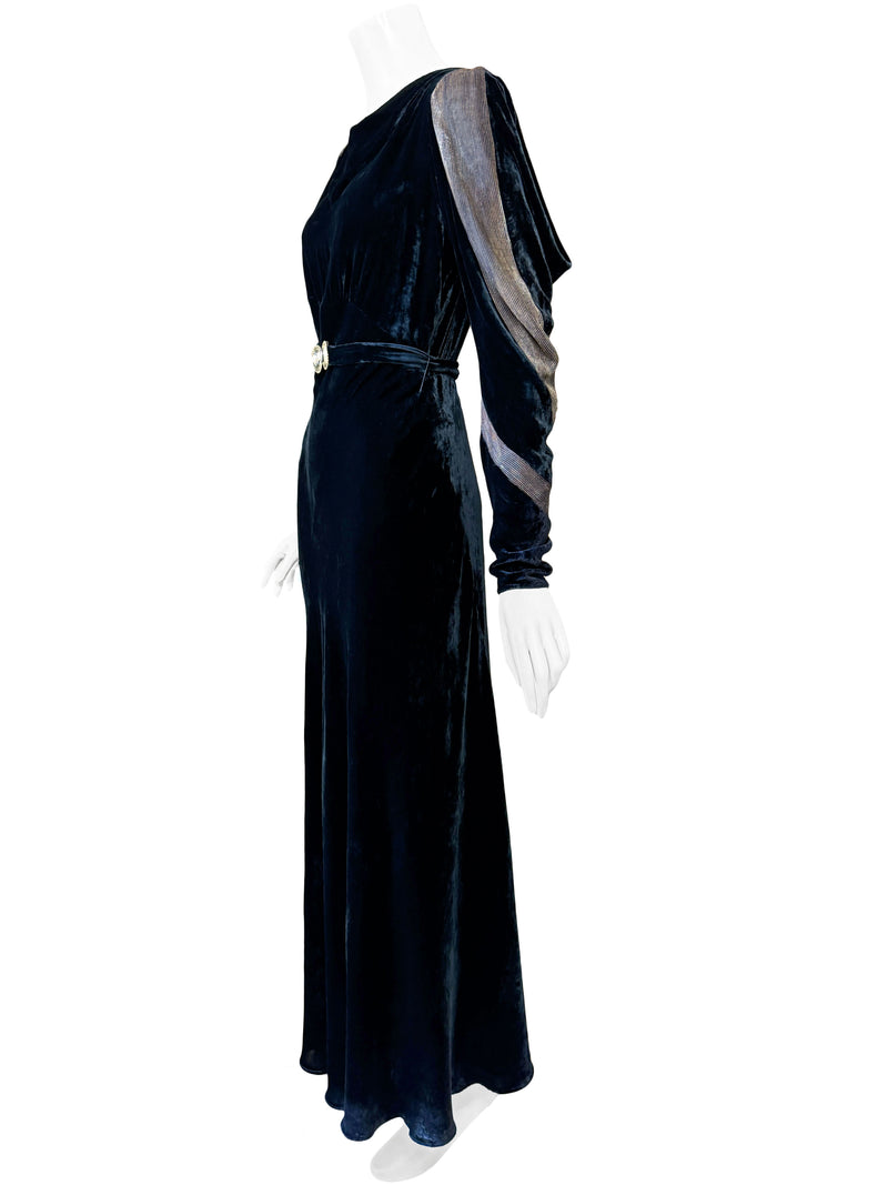 1930s Deco Gold & Black Velvet Maxi Dress