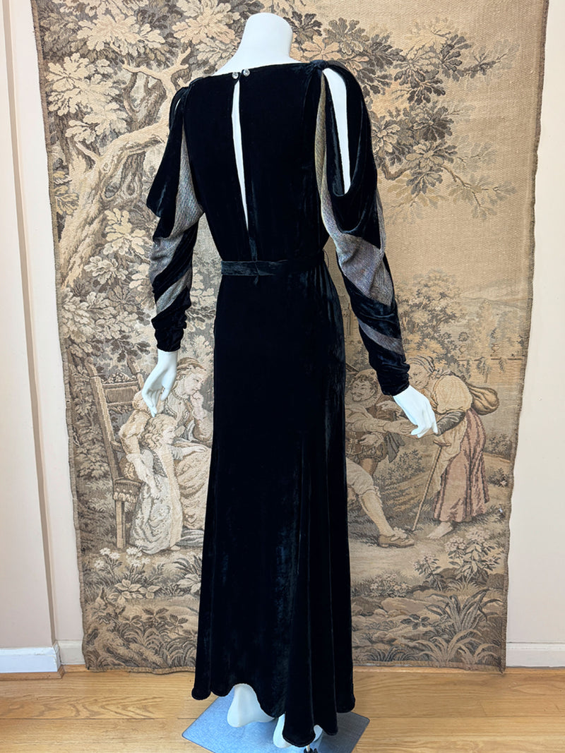 1930s Deco Gold & Black Velvet Maxi Dress