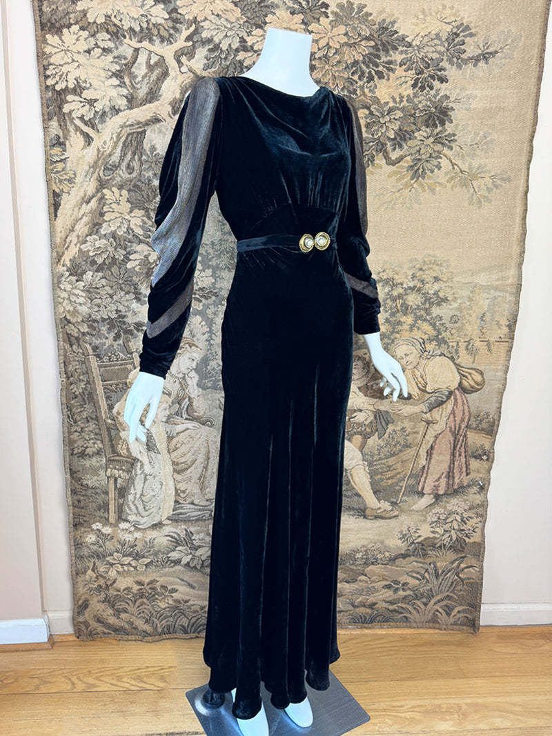 1930s Deco Gold & Black Velvet Maxi Dress