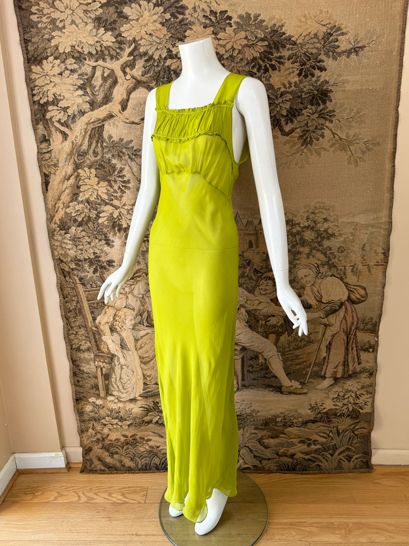 1930s Chartreuse Silk Chiffon Dress