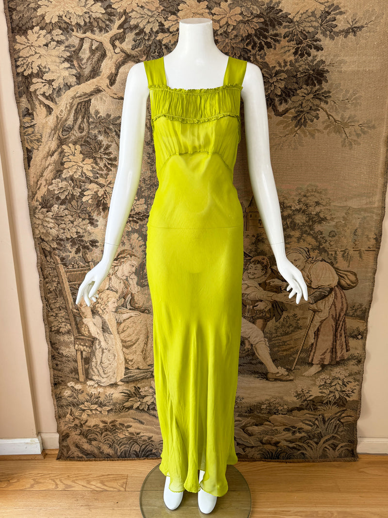 1930s Chartreuse Silk Chiffon Dress