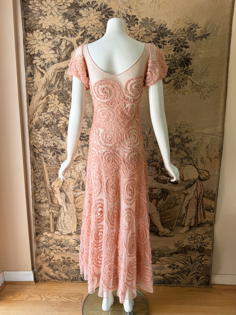 1930s Blush Ruffled Net Dress