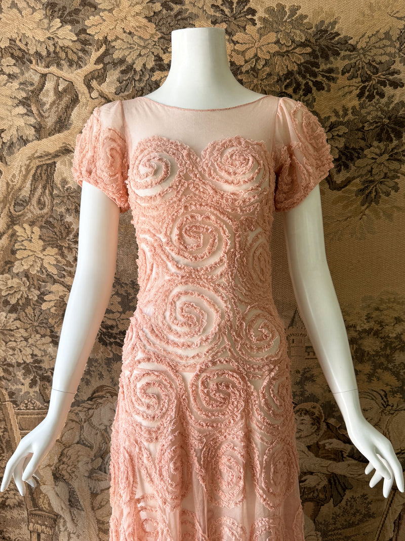 1930s Blush Ruffled Net Dress