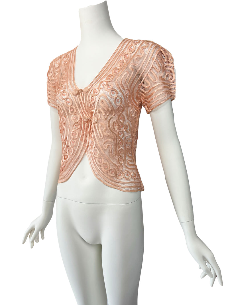 1930s Blush Silk Rouleaux Lace Top