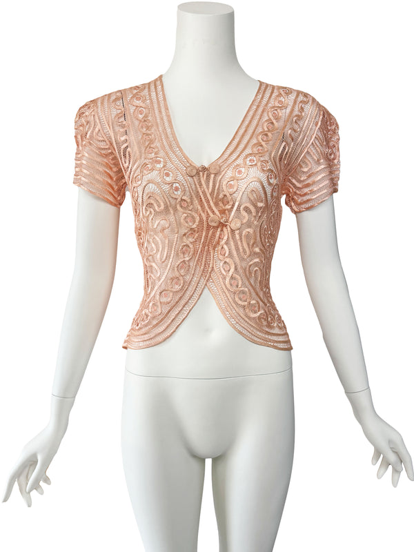 1930s Blush Silk Rouleaux Lace Top