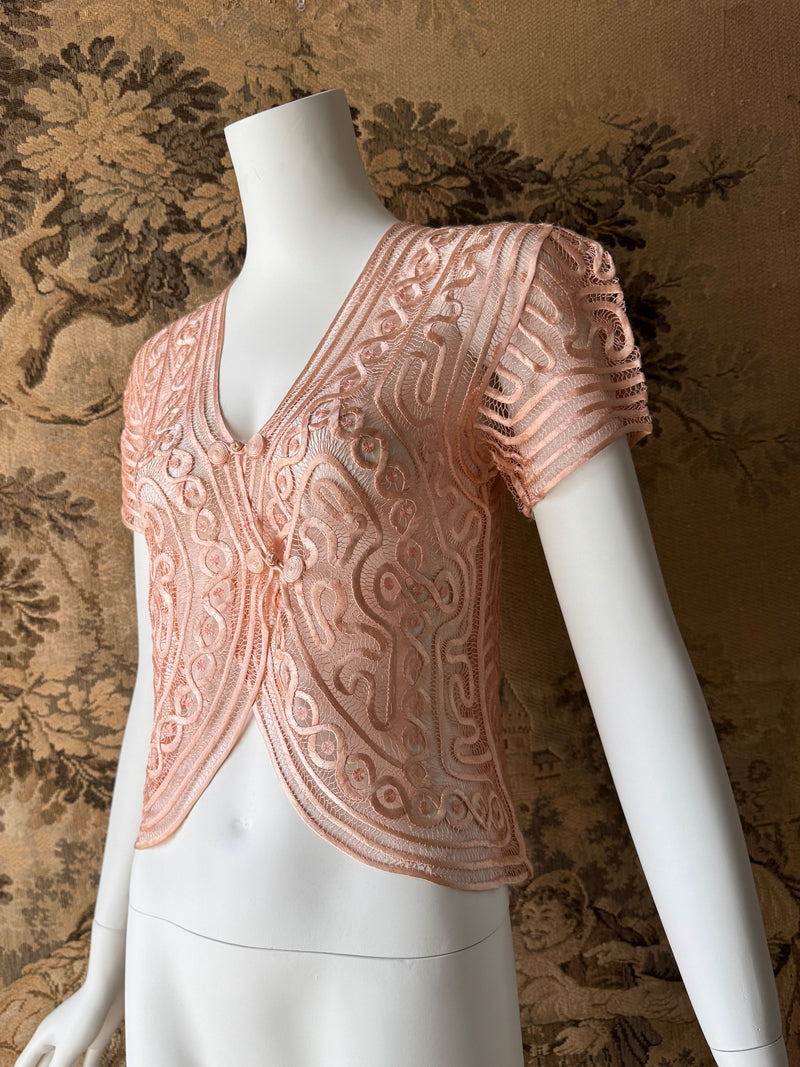 1930s Blush Silk Rouleaux Lace Top