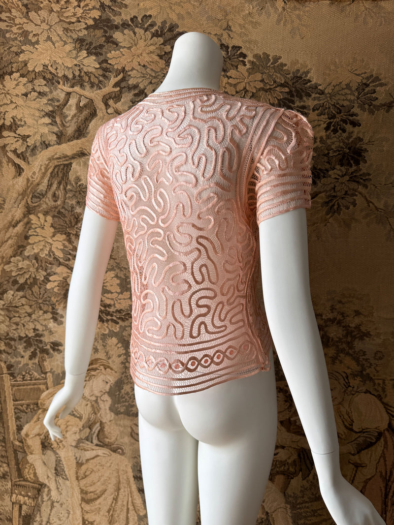 1930s Blush Silk Rouleaux Lace Top