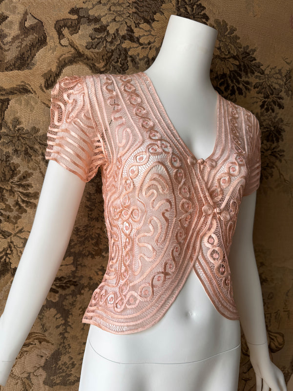 1930s Blush Silk Rouleaux Lace Top