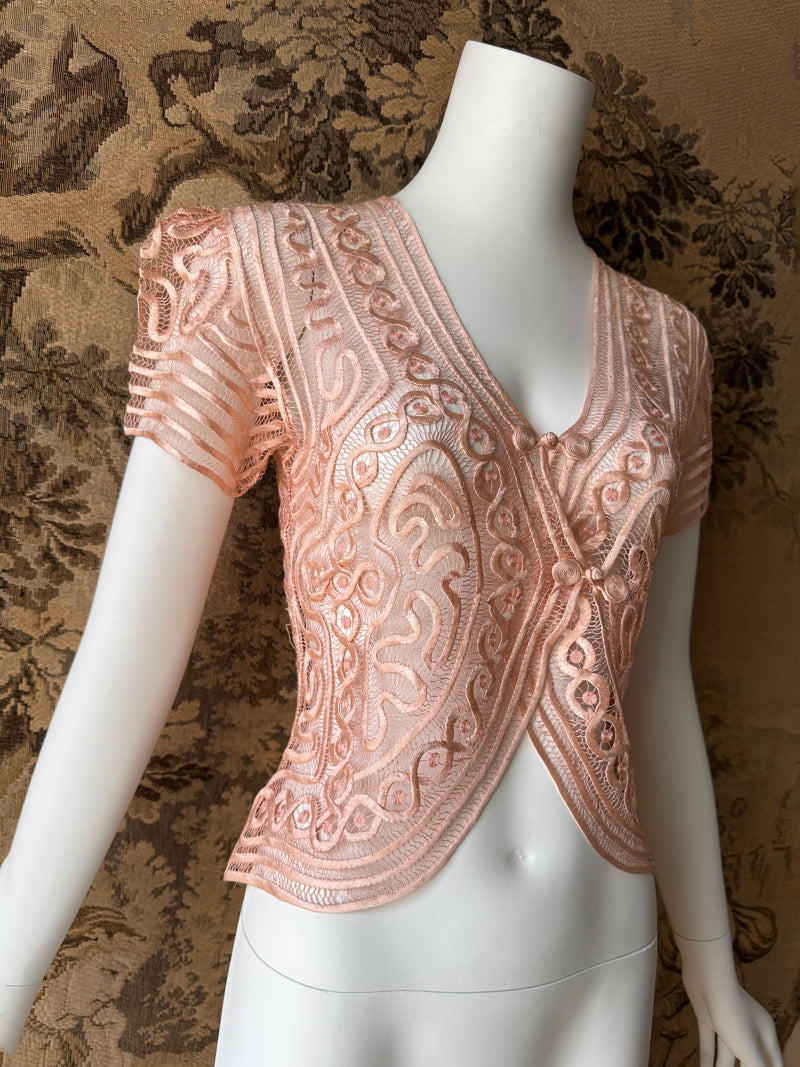 1930s Blush Silk Rouleaux Lace Top