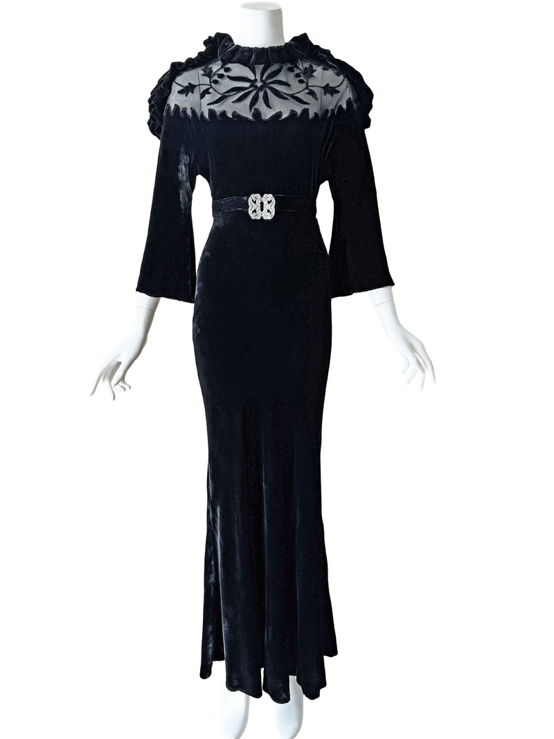 Art Deco 1930s Illusion & Velvet Maxi Dress