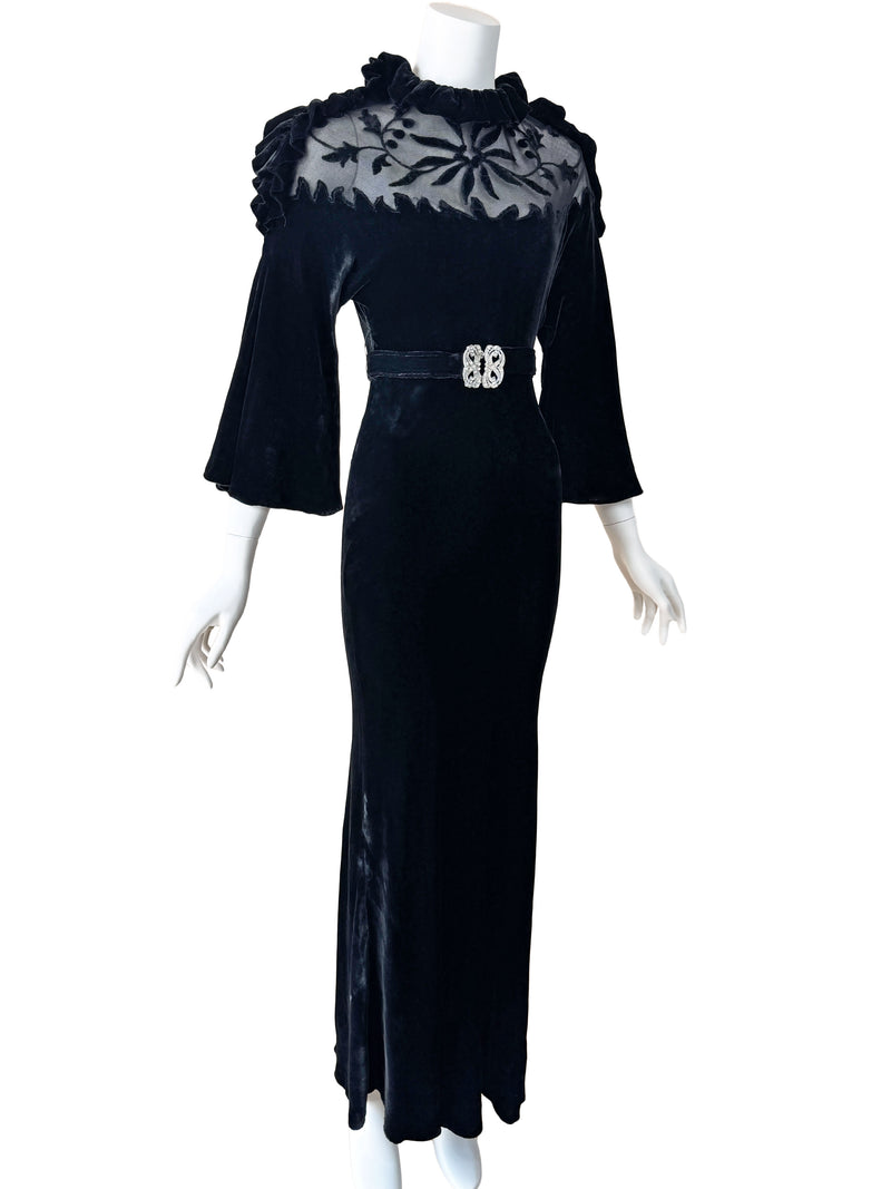 Art Deco 1930s Illusion & Velvet Maxi Dress