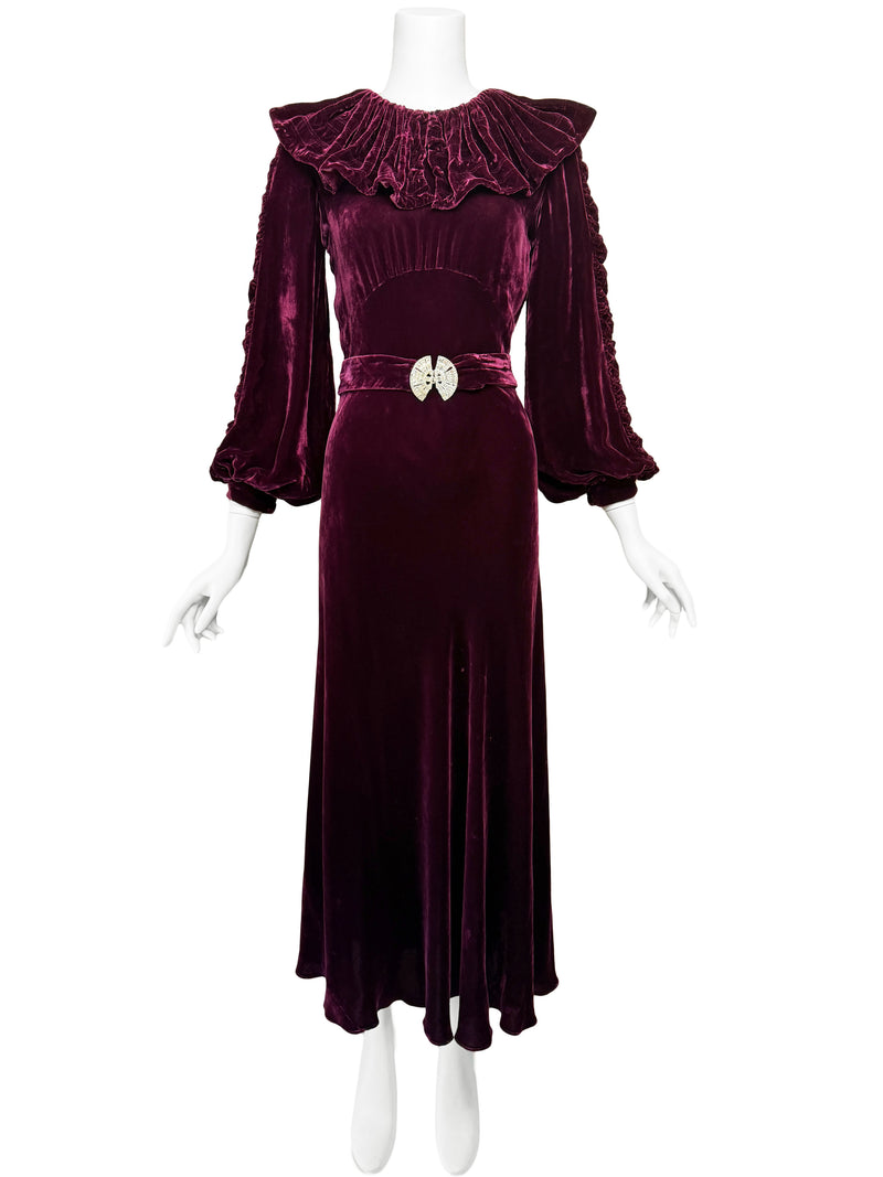 1930s Ruched Collar Velvet Maxi Dress