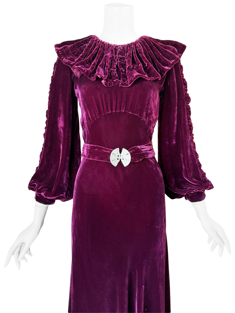 1930s Ruched Collar Velvet Maxi Dress