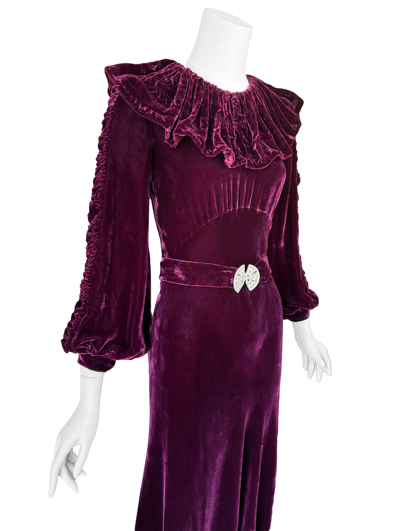 1930s Ruched Collar Velvet Maxi Dress