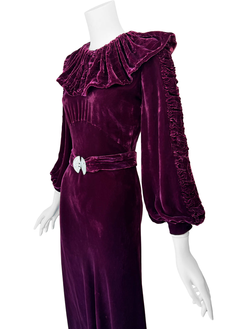 1930s Ruched Collar Velvet Maxi Dress