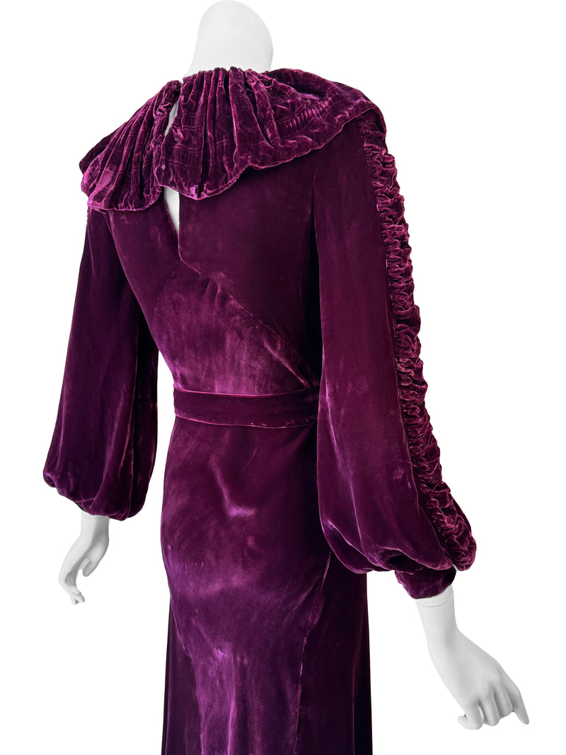 1930s Ruched Collar Velvet Maxi Dress