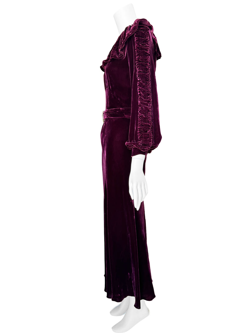 1930s Ruched Collar Velvet Maxi Dress