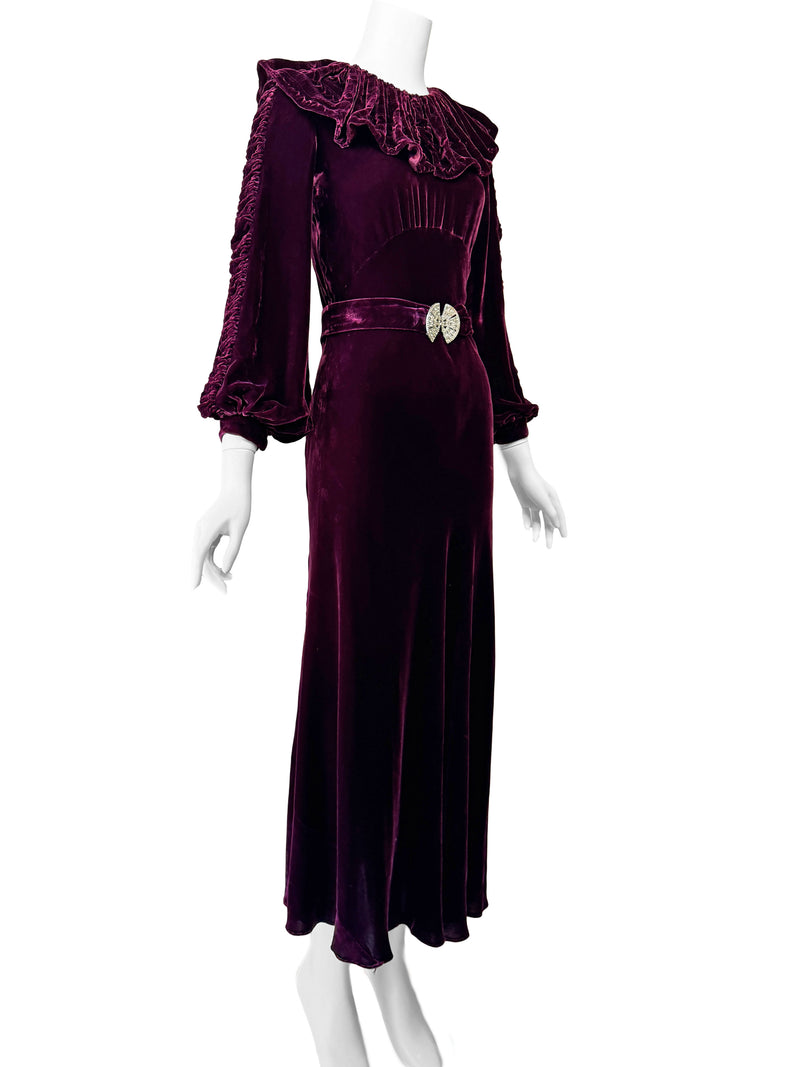 1930s Ruched Collar Velvet Maxi Dress