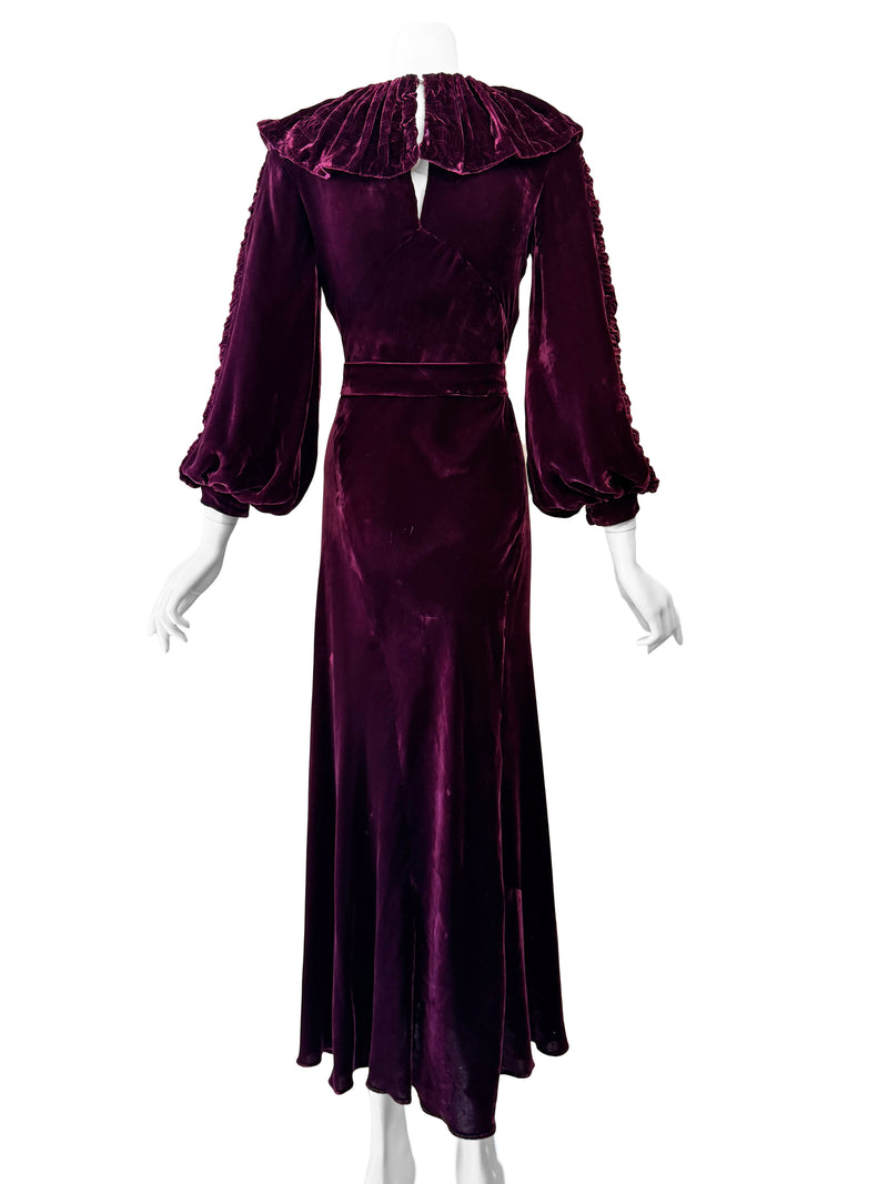 1930s Ruched Collar Velvet Maxi Dress