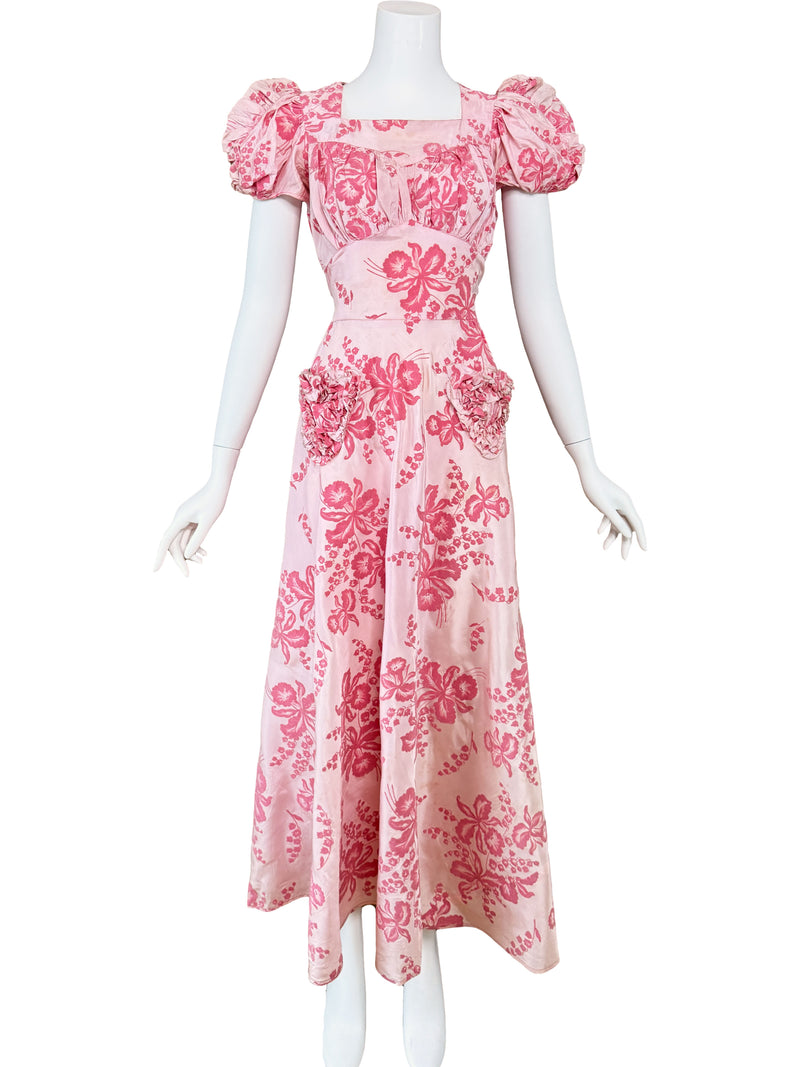 1940s Pink Flocked Maxi Dress