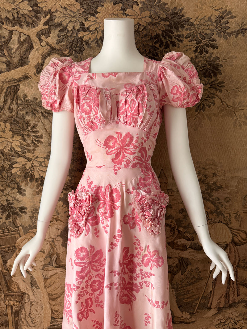 1940s Pink Flocked Maxi Dress