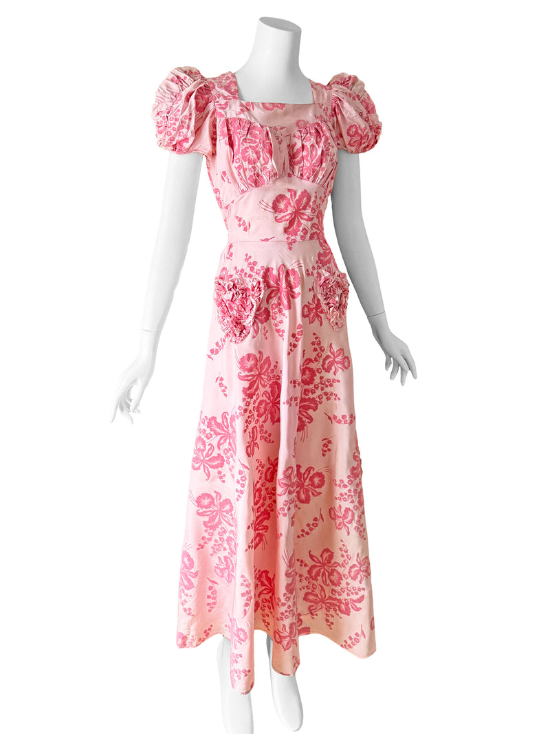 1940s Pink Flocked Maxi Dress