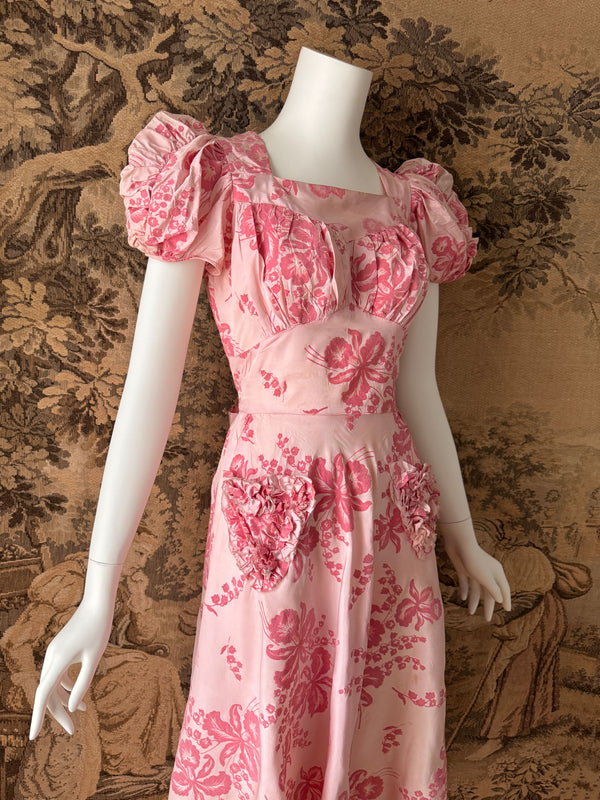 1940s Pink Flocked Maxi Dress