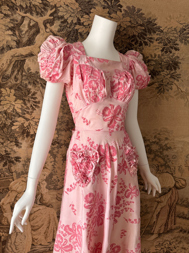 1940s Pink Flocked Maxi Dress