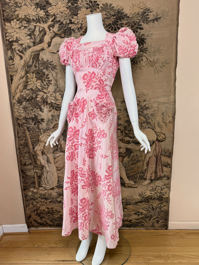 1940s Pink Flocked Maxi Dress