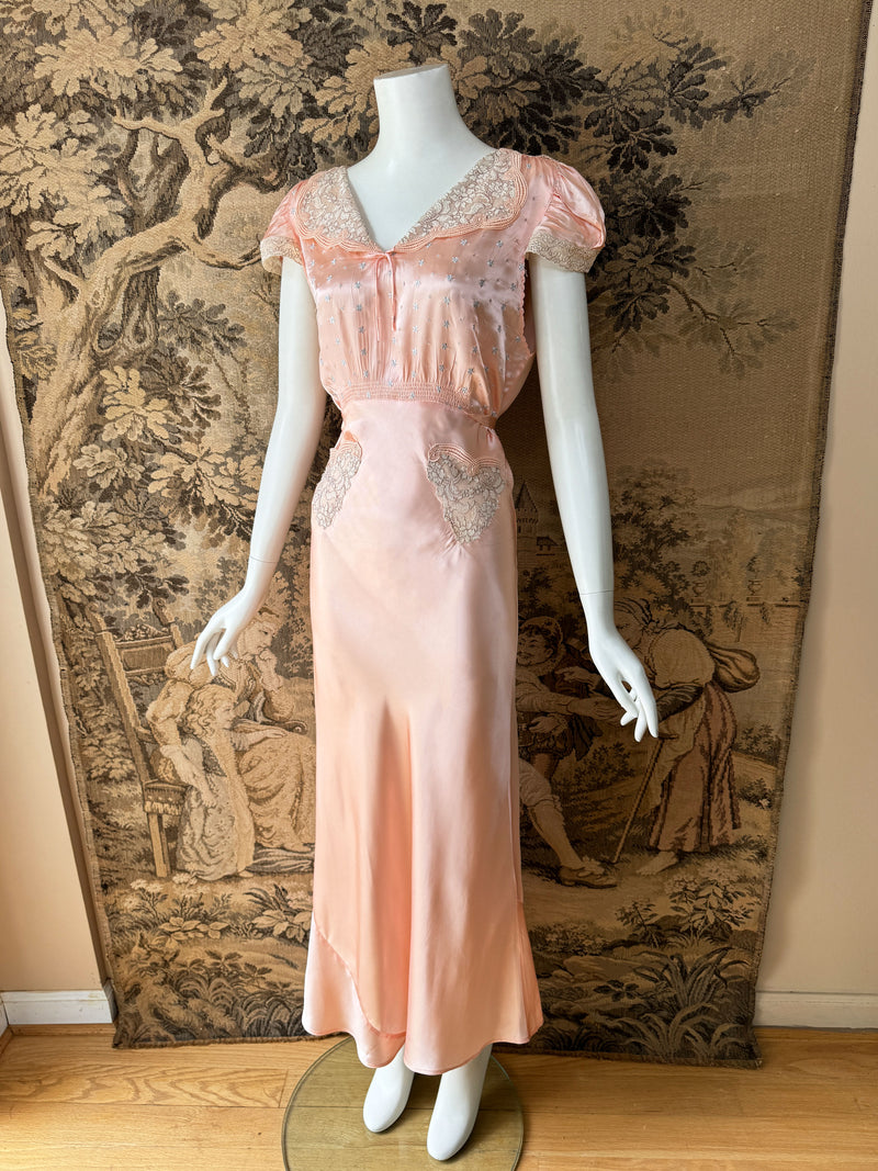 1930s Embroidered Satin Slip Dress
