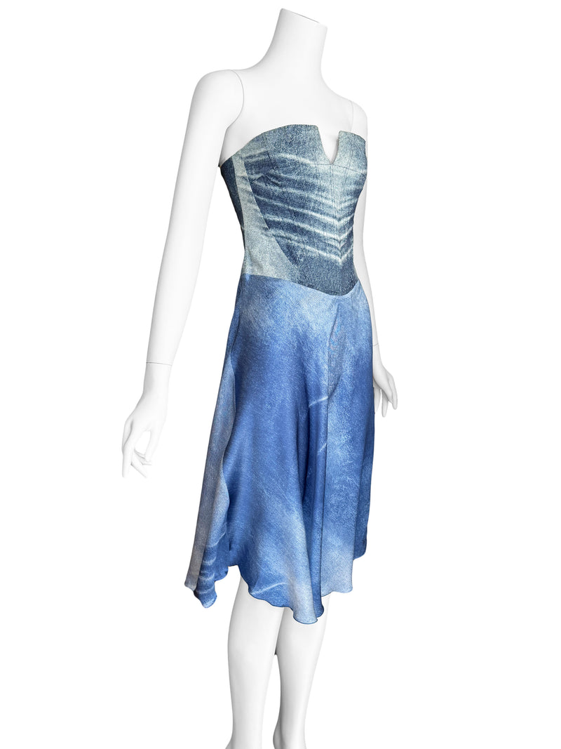 Just Cavalli Y2K Trompe L'Oeil Denim Print Corset Dress