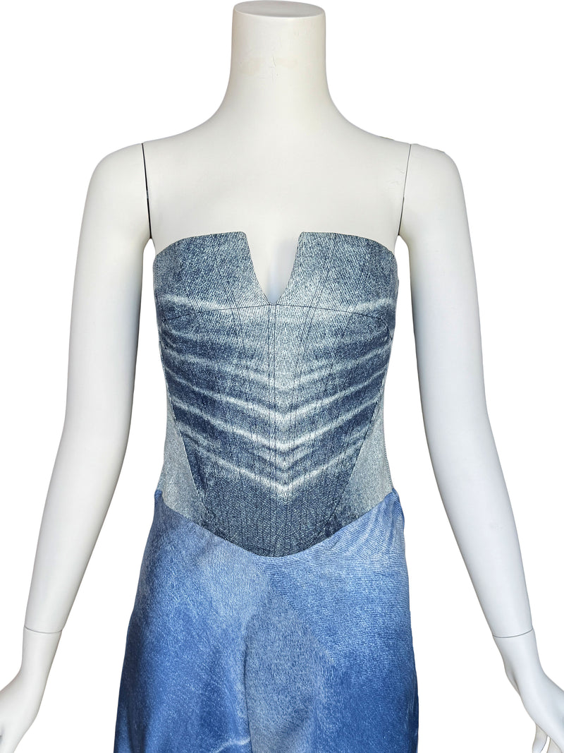 Just Cavalli Y2K Trompe L'Oeil Denim Print Corset Dress