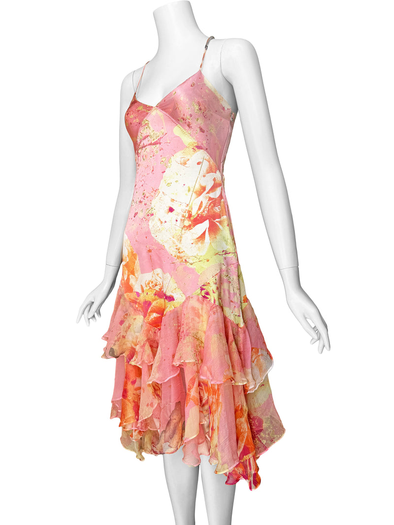 Just Cavalli Y2K Pink Silk Rose Print Dress