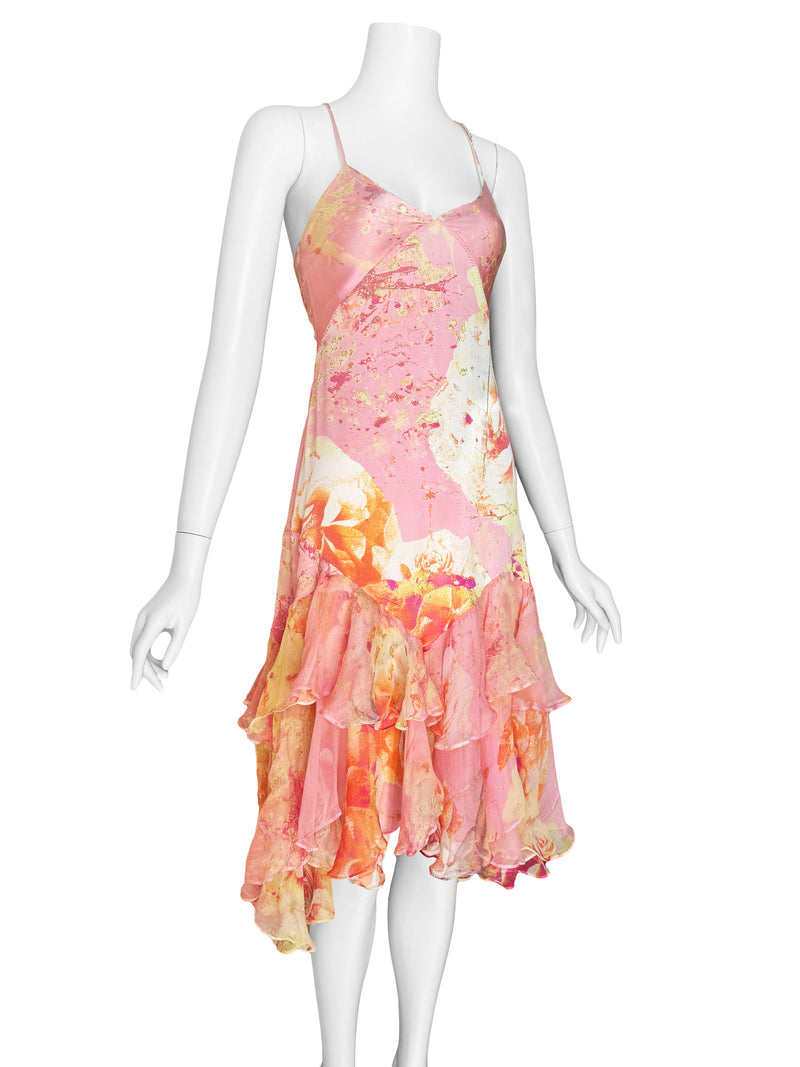 Just Cavalli Y2K Pink Silk Rose Print Dress