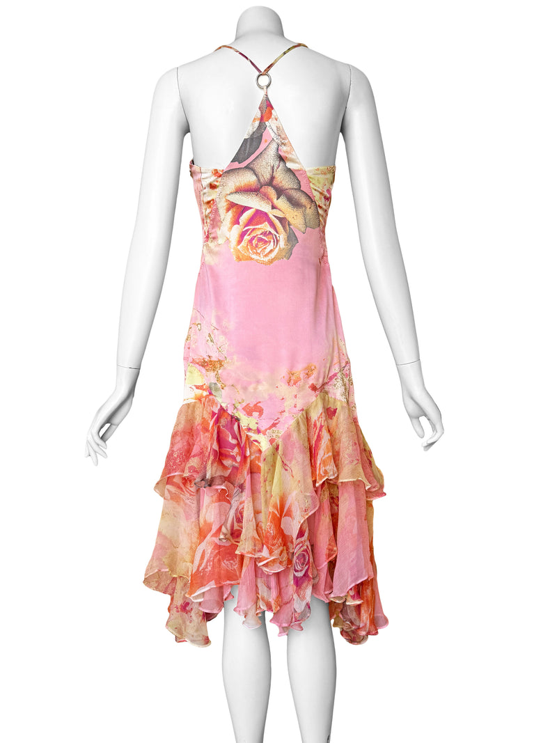 Just Cavalli Y2K Pink Silk Rose Print Dress