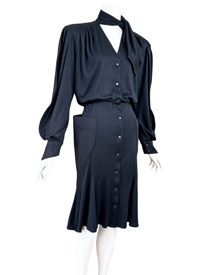 Thierry Mugler Paris 1980s Black Jersey Shirt Dress