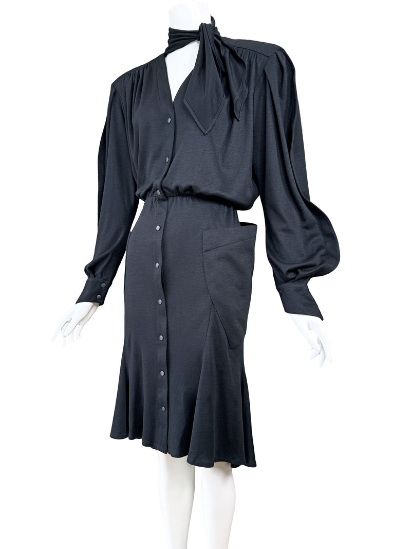 Thierry Mugler Paris 1980s Black Jersey Shirt Dress