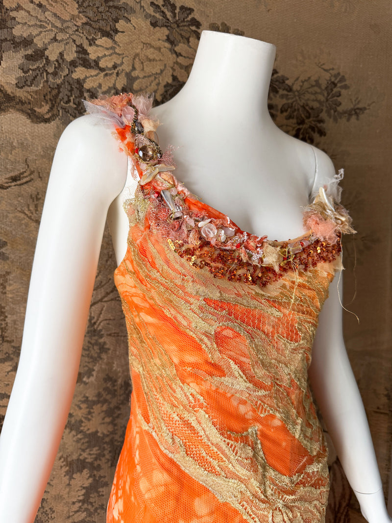 Les Habitudes Y2K Orange Silk Corset Dress