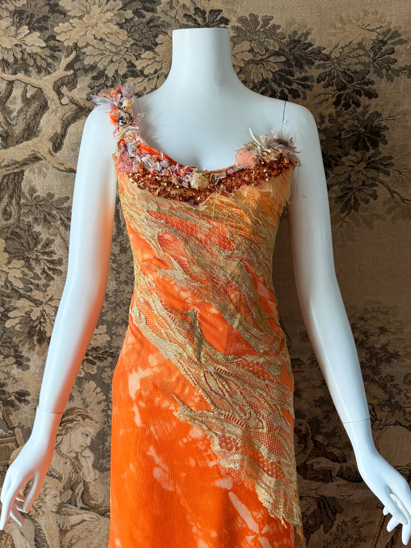 Les Habitudes Y2K Orange Silk Corset Dress